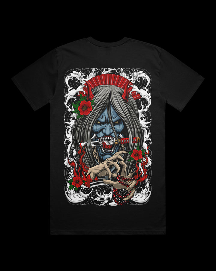 black tee with large hannya graphic on the back