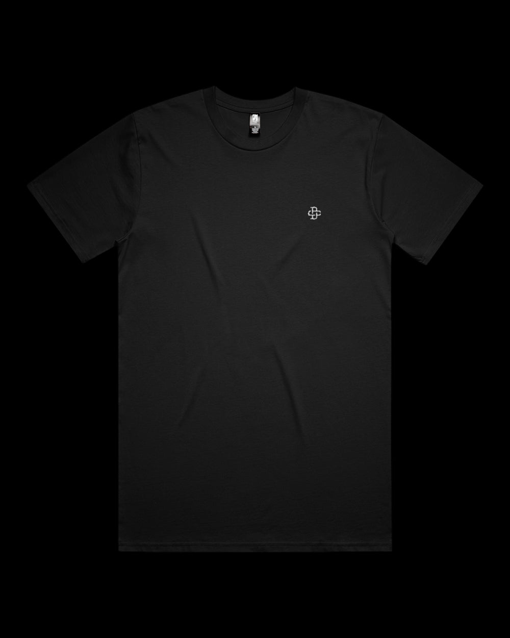black relaxed t-shirt with a small logo on a black background