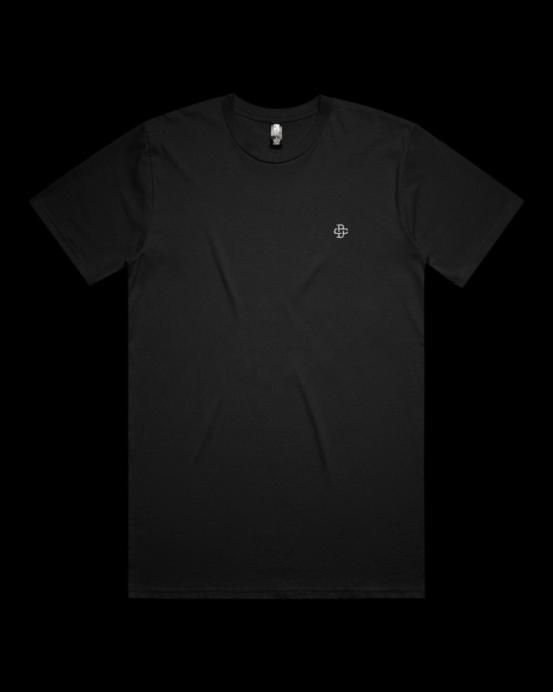 black relaxed t-shirt with a small logo on a black background