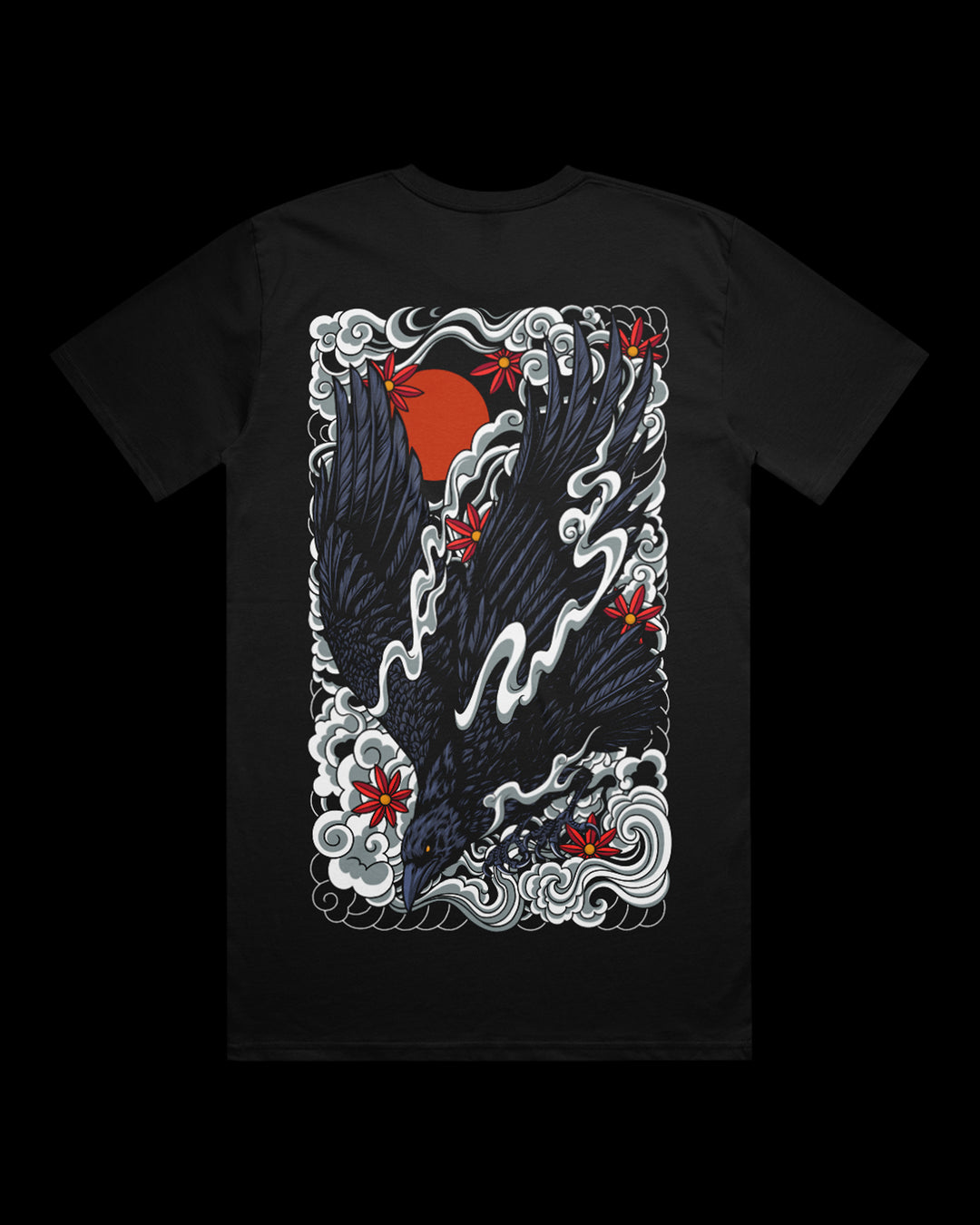 Irezumi inspired graphic print of a decending crow with clouds against a red sun large on the back of a black t shirt