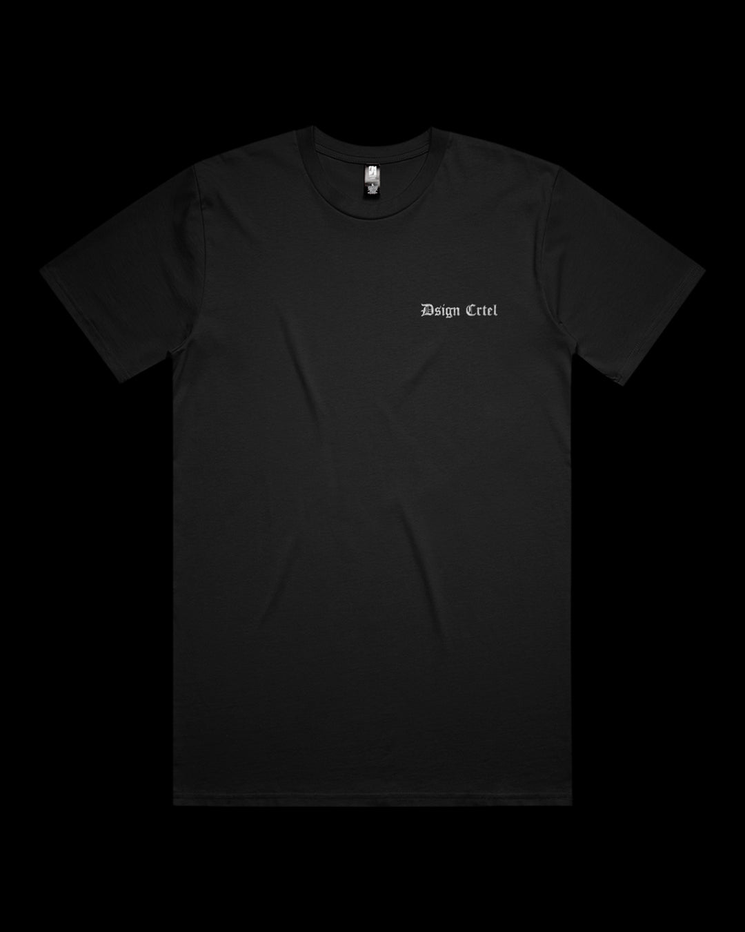 Black t-shirt with a small white logo on a black background