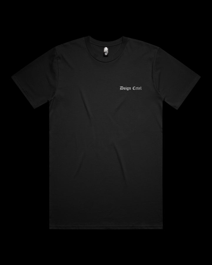 Black t-shirt with a small white logo on a black background