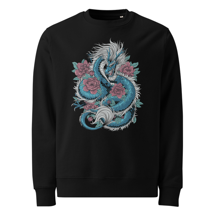 Black Blooming Guardian Dragon Graphic Sweatshirt featuring a coiled dragon and blooming flowers, inspired by Japanese Irezumi tattoo art