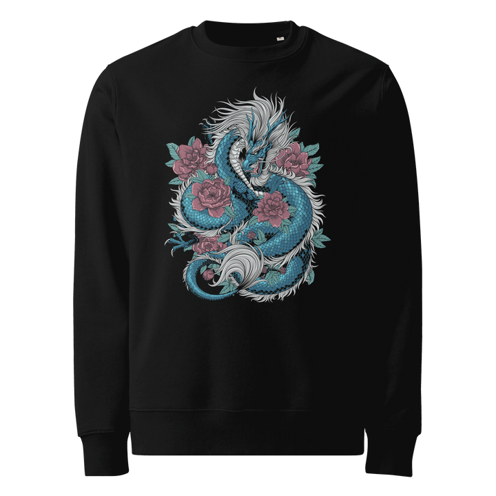 Black Blooming Guardian Dragon Graphic Sweatshirt featuring a coiled dragon and blooming flowers, inspired by Japanese Irezumi tattoo art