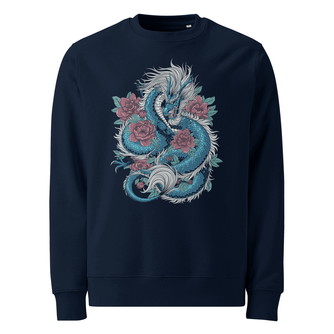 French Navy Blooming Guardian Dragon Graphic Sweatshirt featuring a dragon and blooming flowers, inspired by Japanese Irezumi tattoo art