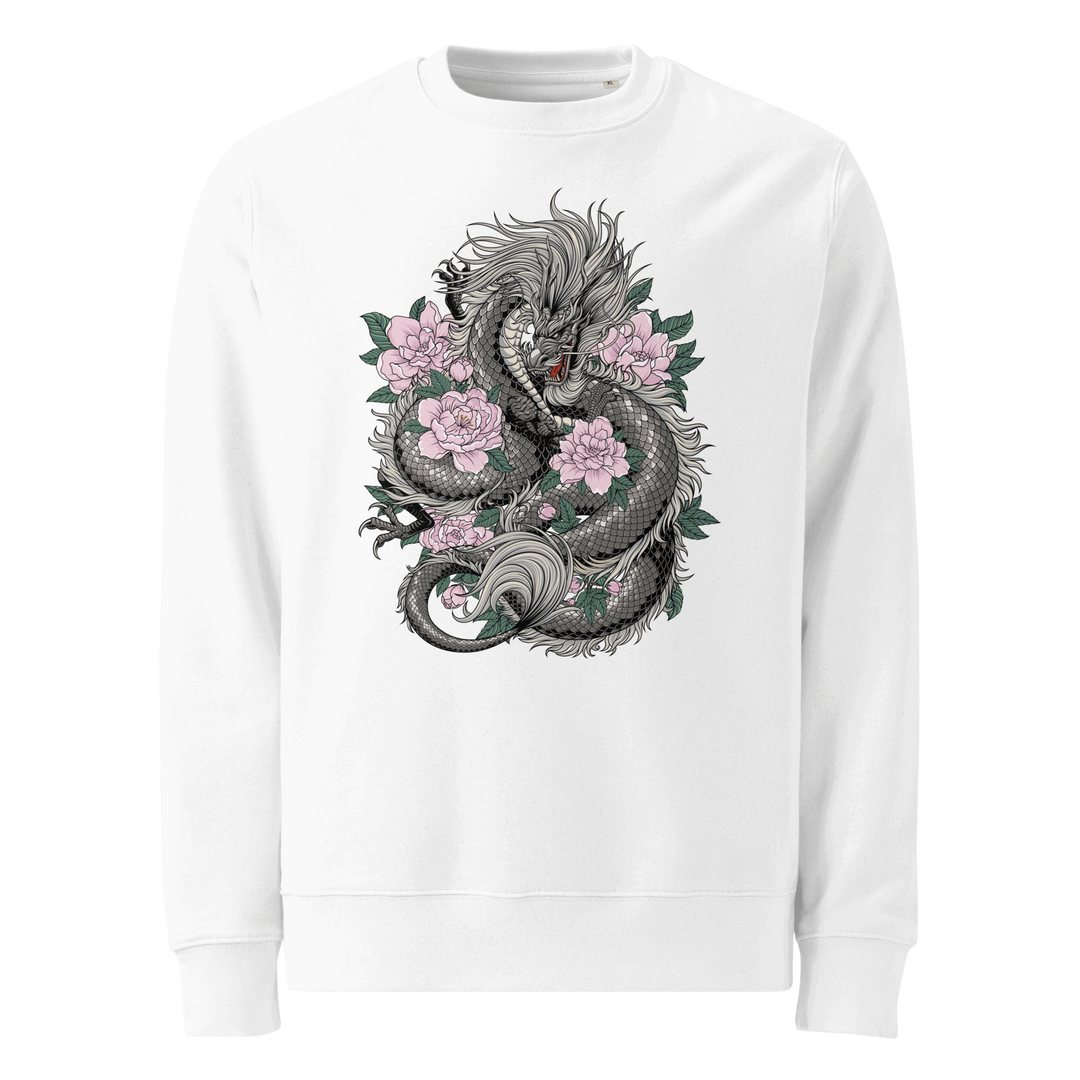 White Blooming Guardian Dragon Graphic Sweatshirt with a coiled dragon surrounded by flowers, blending Japanese tattoo art and streetwear