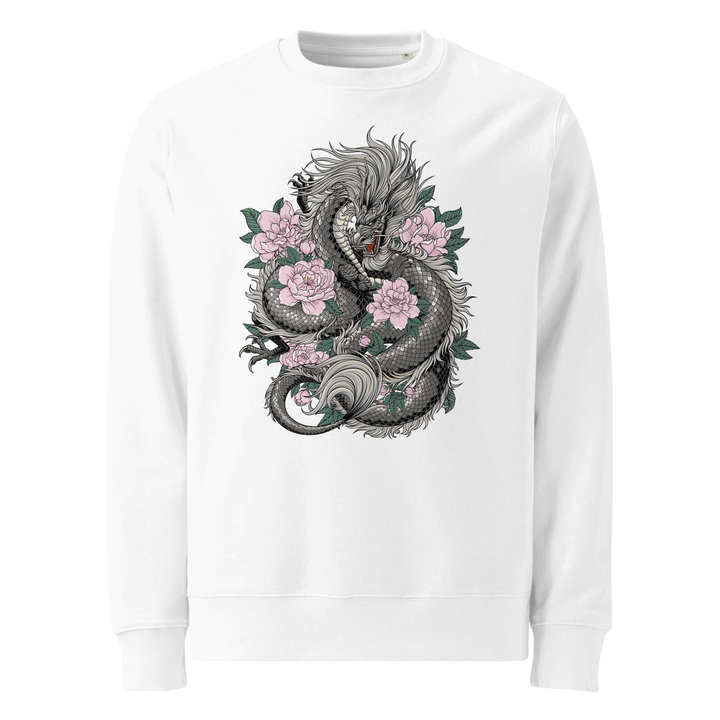 White Blooming Guardian Dragon Graphic Sweatshirt with a coiled dragon surrounded by flowers, blending Japanese tattoo art and streetwear