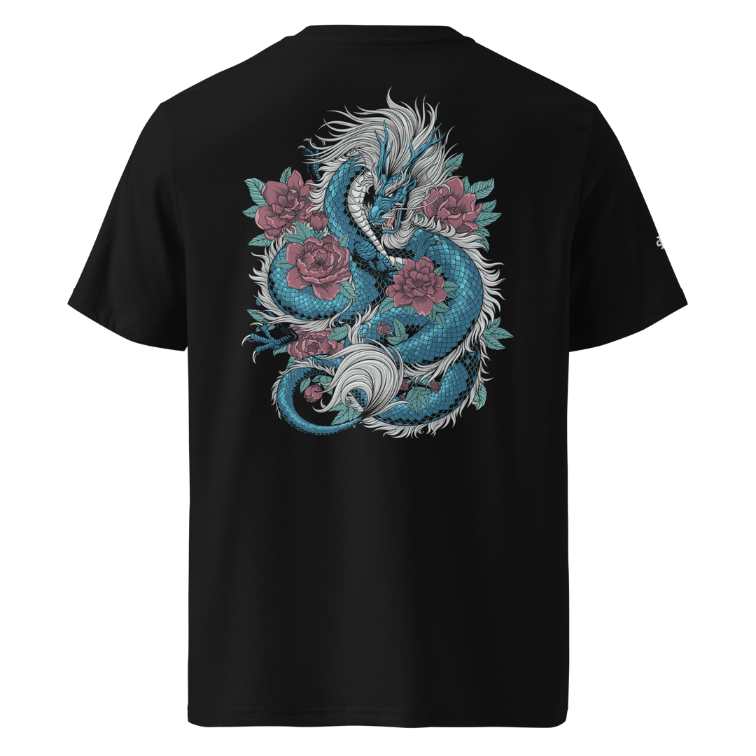 Black Blooming Guardian Dragon Graphic Tee featuring a back print of a dragon and flowers, inspired by Japanese Irezumi art