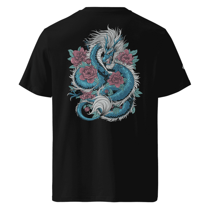 Black Blooming Guardian Dragon Graphic Tee featuring a back print of a dragon and flowers, inspired by Japanese Irezumi art