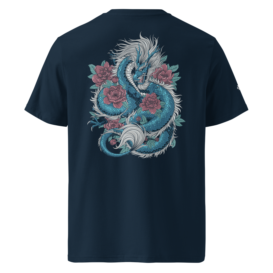 French Navy Blooming Guardian Dragon Graphic Tee featuring a back print of a dragon and flowers, inspired by Japanese Irezumi art