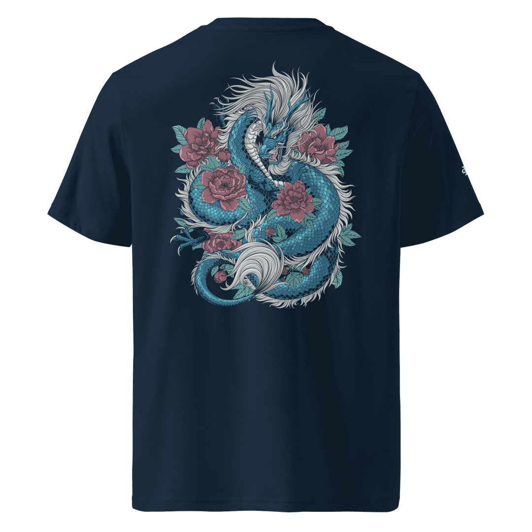 French Navy Blooming Guardian Dragon Graphic Tee featuring a back print of a dragon and flowers, inspired by Japanese Irezumi art