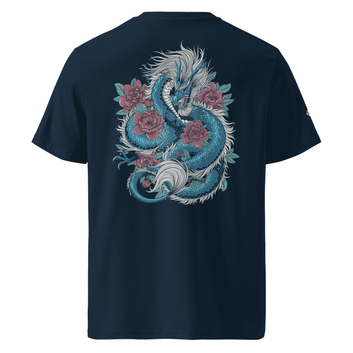 French Navy Blooming Guardian Dragon Graphic Tee featuring a back print of a dragon and flowers, inspired by Japanese Irezumi art