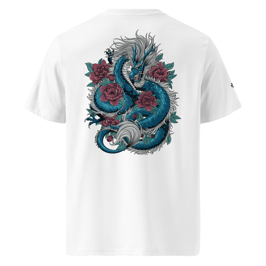 White Blooming Guardian Dragon Graphic Tee featuring a detailed back print of a dragon surrounded by blooming flowers, blending Japanese tattoo art with streetwear fashion