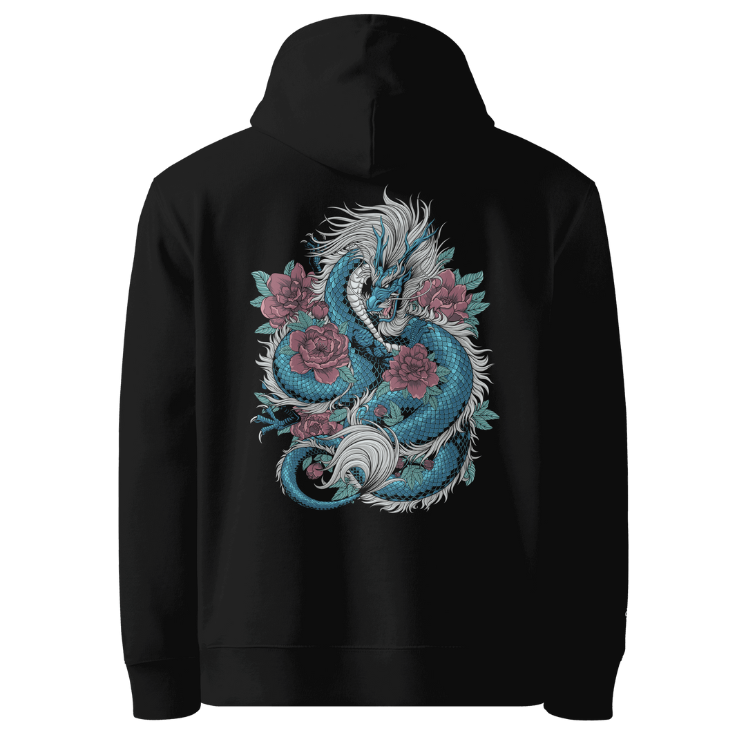 Blooming Guardian Dragon Hoodie in Black with Japanese Irezumi-inspired dragon and floral back print