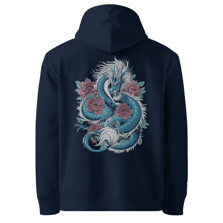 Blooming Guardian Dragon Hoodie in French Navy featuring a detailed dragon and floral back print
