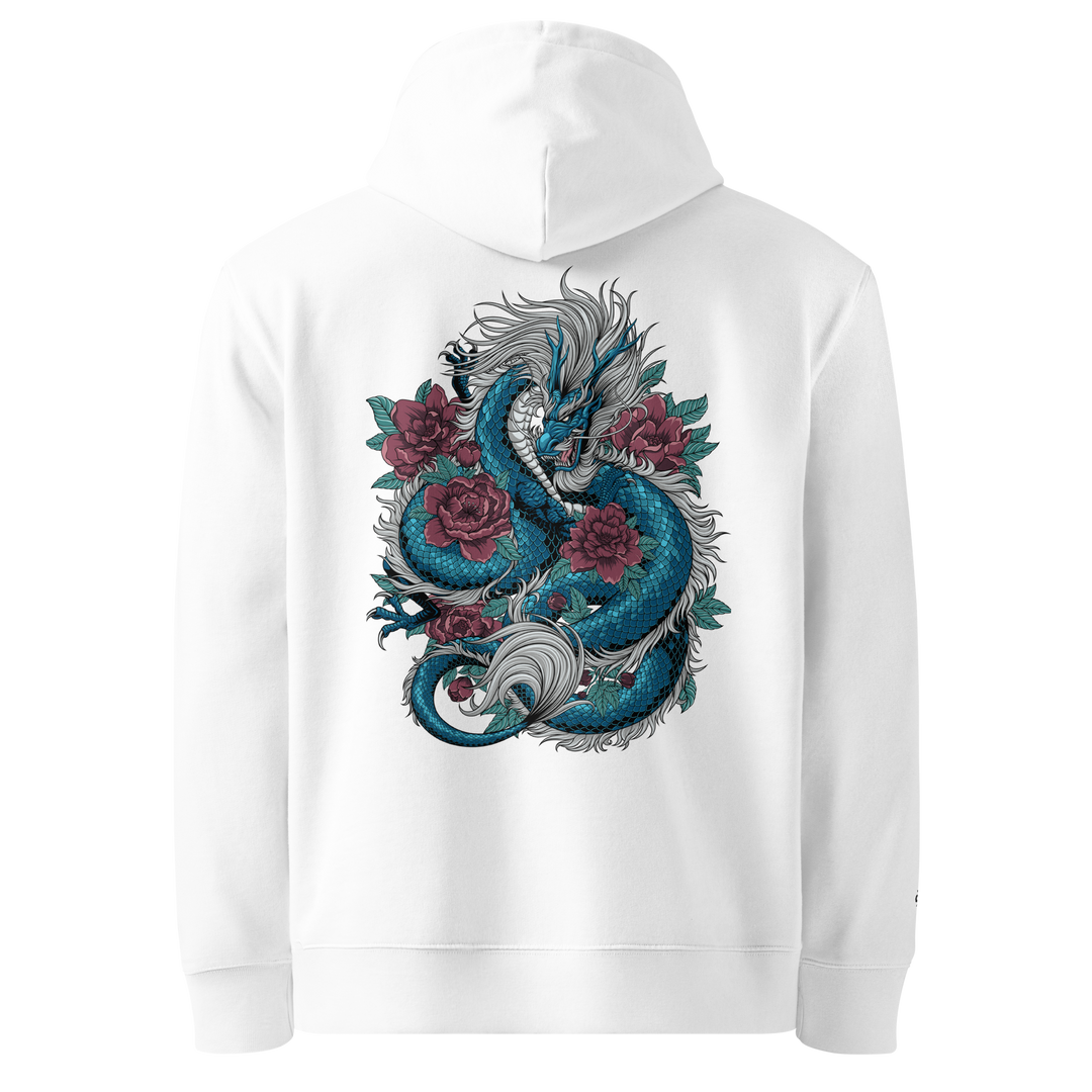 Blooming Guardian Dragon Hoodie in White showcasing a Japanese dragon and floral back print