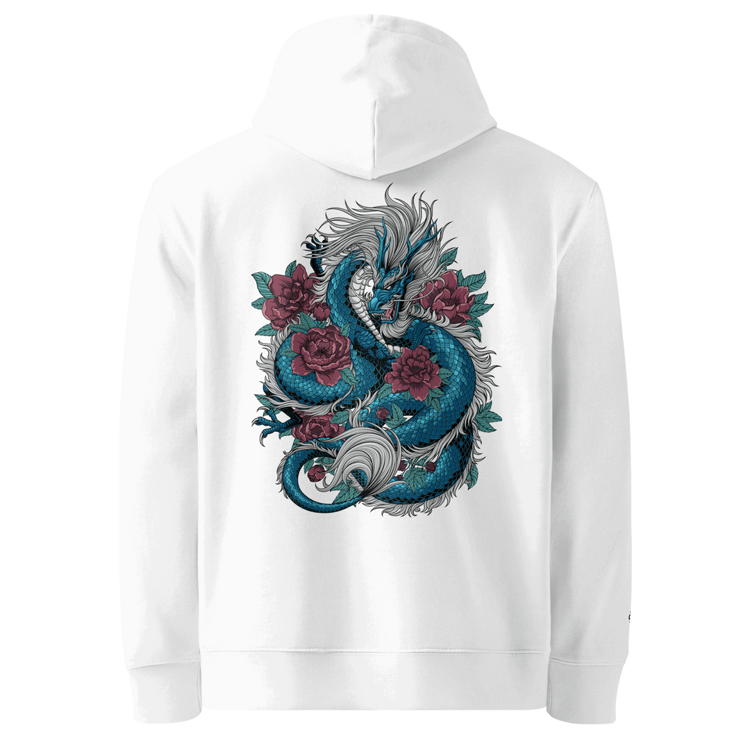 Blooming Guardian Dragon Hoodie in White showcasing a Japanese dragon and floral back print