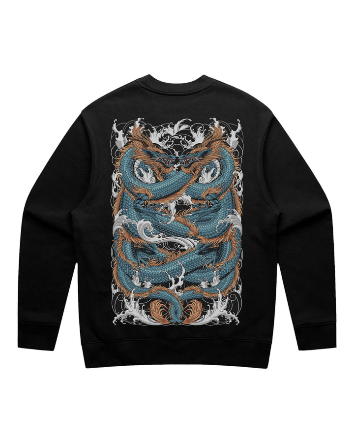 Black sweatshirt with a dragon design on the back against a white background