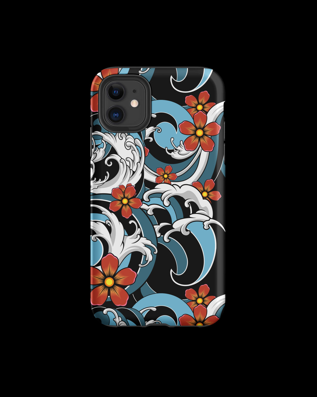 iPhone case with floral and wave irezumi tattoo inspired design on a black background