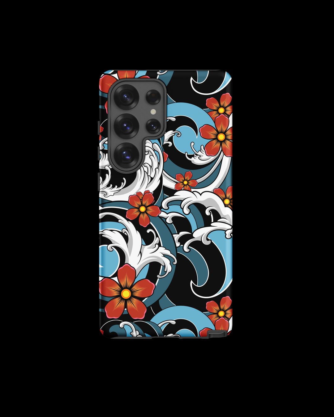 Samsung Phone case with floral and wave irezumi tattoo inspireddesign on a black background