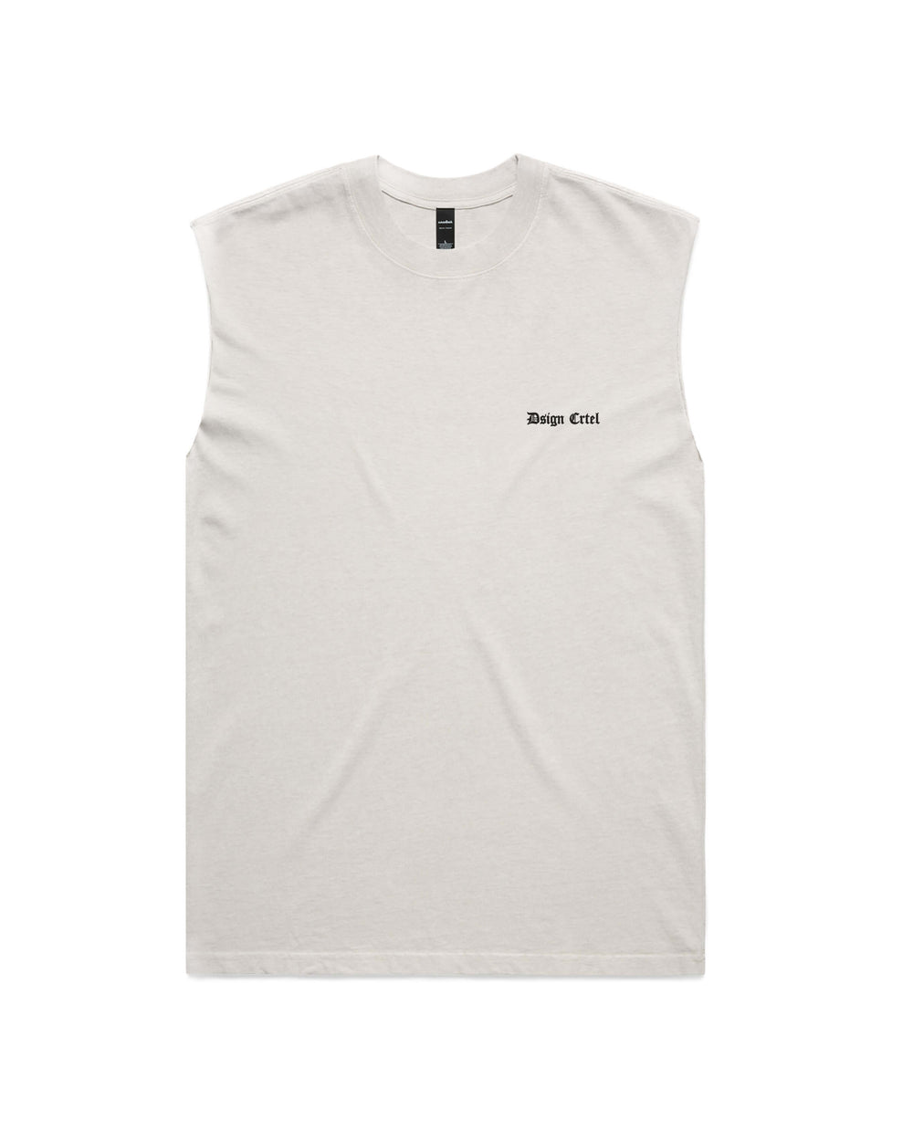 Bone sleeveless t-shirt with a small black dsign crtel logo printed on the left chest, displayed flat against a white background.