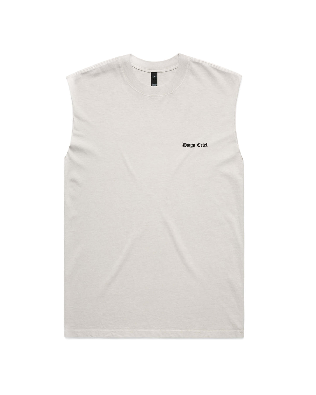 Bone sleeveless t-shirt with a small black dsign crtel logo printed on the left chest, displayed flat against a white background.