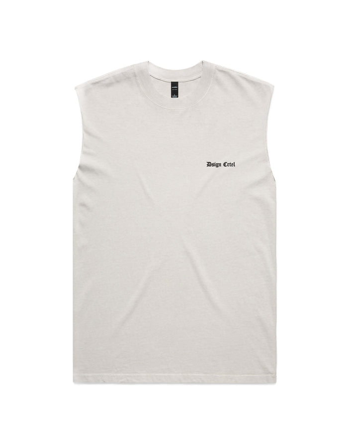 Bone sleeveless t-shirt with a small black dsign crtel logo printed on the left chest, displayed flat against a white background.