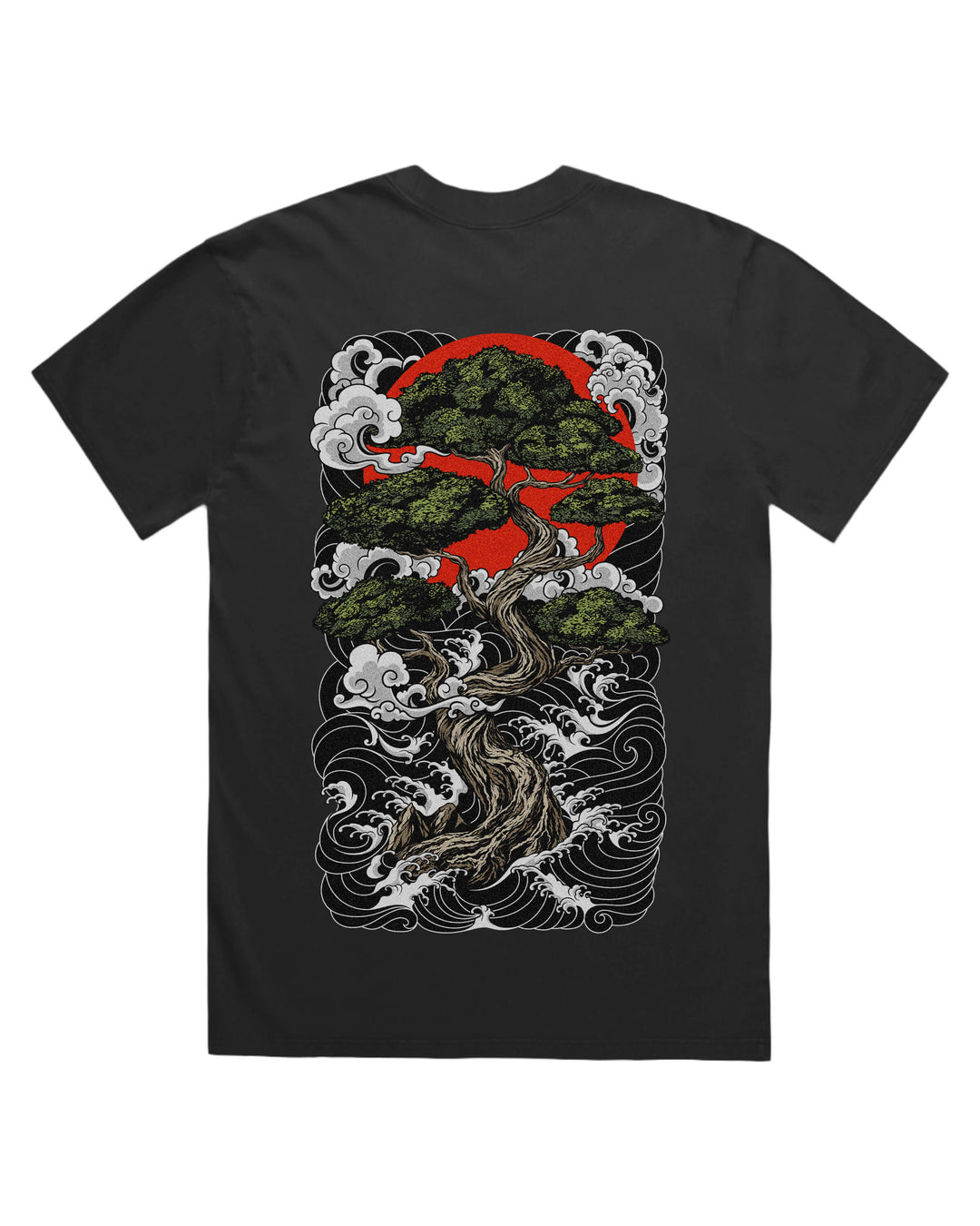 Faded black t-shirt with irezumi bonsai tree and red sun back print artwork