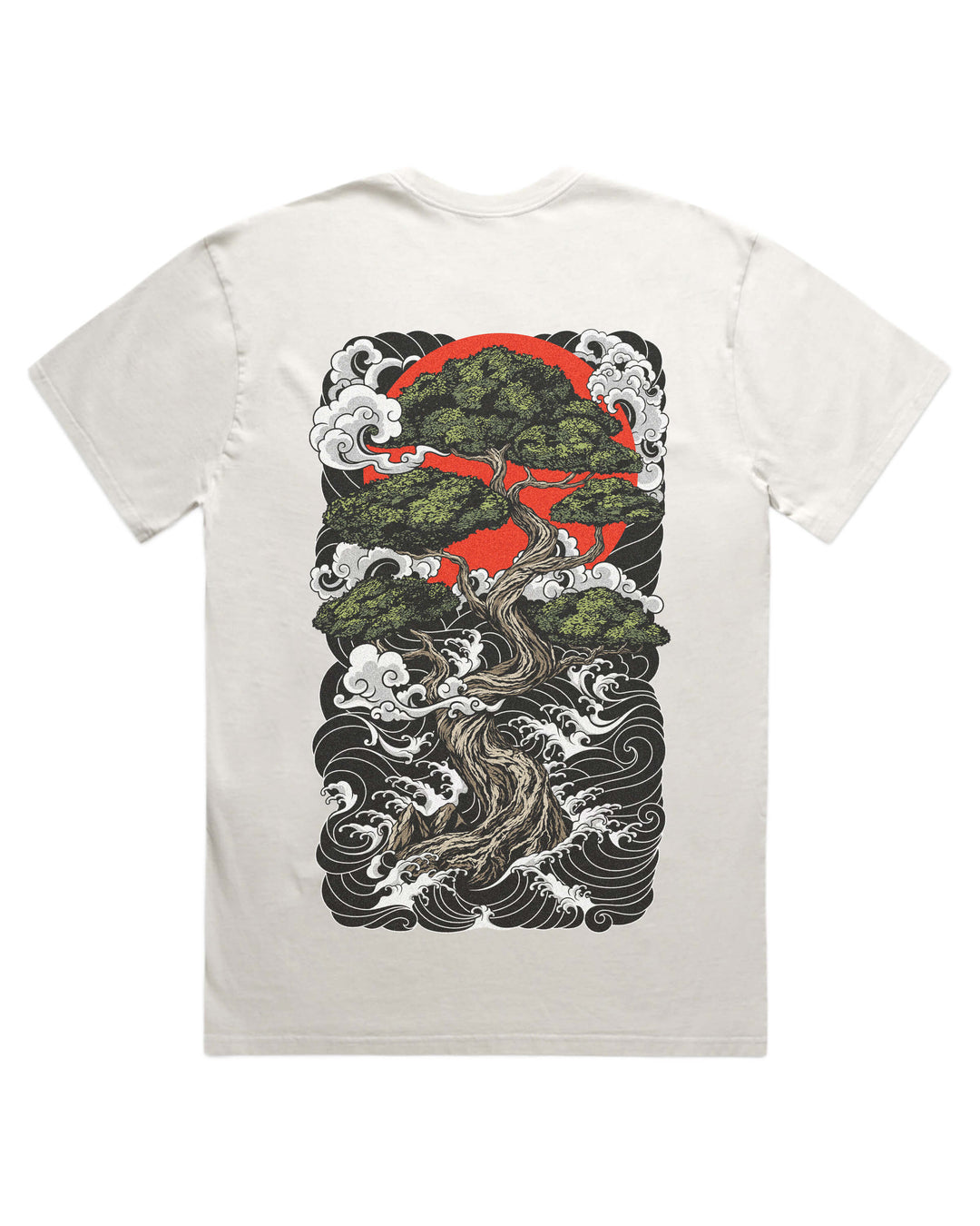 Faded bone t-shirt with irezumi bonsai tree and red sun back print artwork