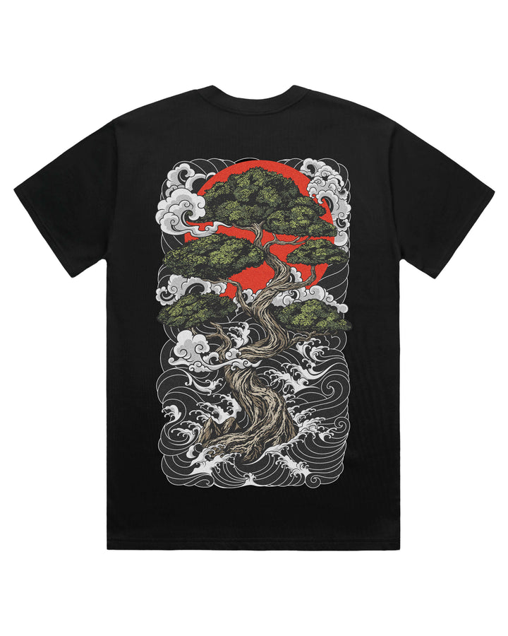 Black t-shirt with a bonsai tree design large on the back