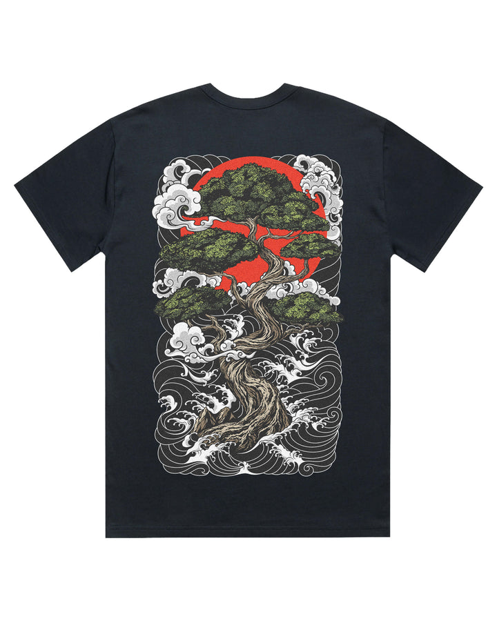 Navy blue t-shirt with a bonsai tree design large on the back