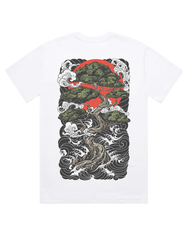 White t-shirt with a bonsai tree design large on the back