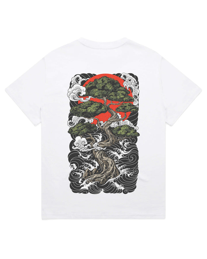 Oversized White t-shirt with original irezumi bonsai tree against red sun print