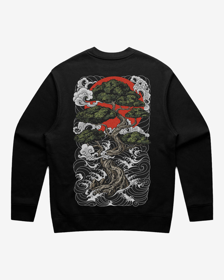Bonsai Tree Relaxed Fit Graphic Sweatshirt With Large Tattoo Inspired Back Print