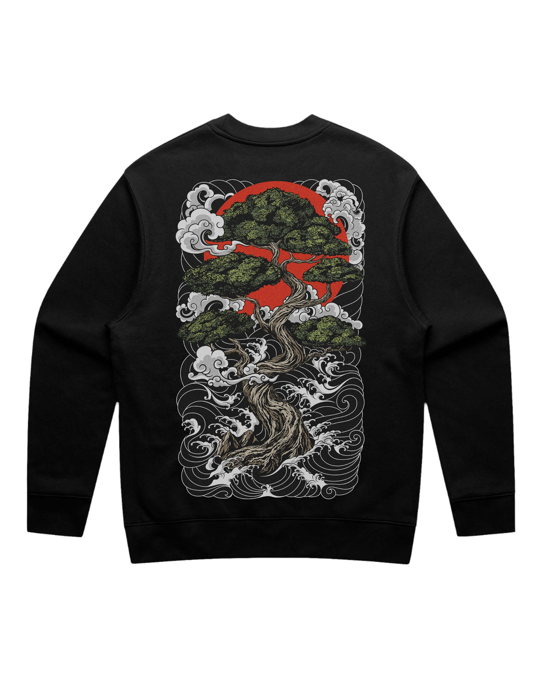 Black sweatshirt with a nature-themed graphic on a white background