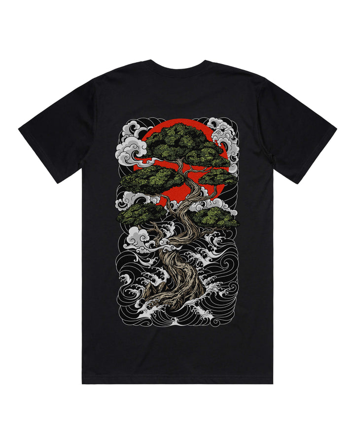 Black graphic t-shirt with large irezumi inspired bonsai tree and red sun back print
