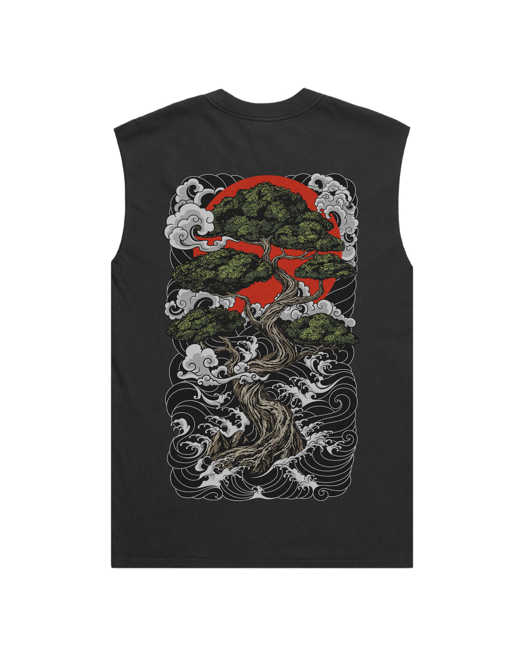 Faded Black Bonsai Tree men’s graphic tank top features original in-house artwork inspired by Irezumi. The design combines bonsai tree, red sun and clouds, drawing from Japanese tattoo art, folklore and traditional illustration.
