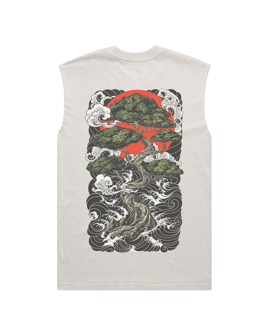 Bonsai Trees men’s faded bone graphic tank top features original in-house artwork inspired by irezumi influence. The design combines bonsai tree, sun and waves, drawing from Japanese tattoo art, folklore and traditional illustration.
