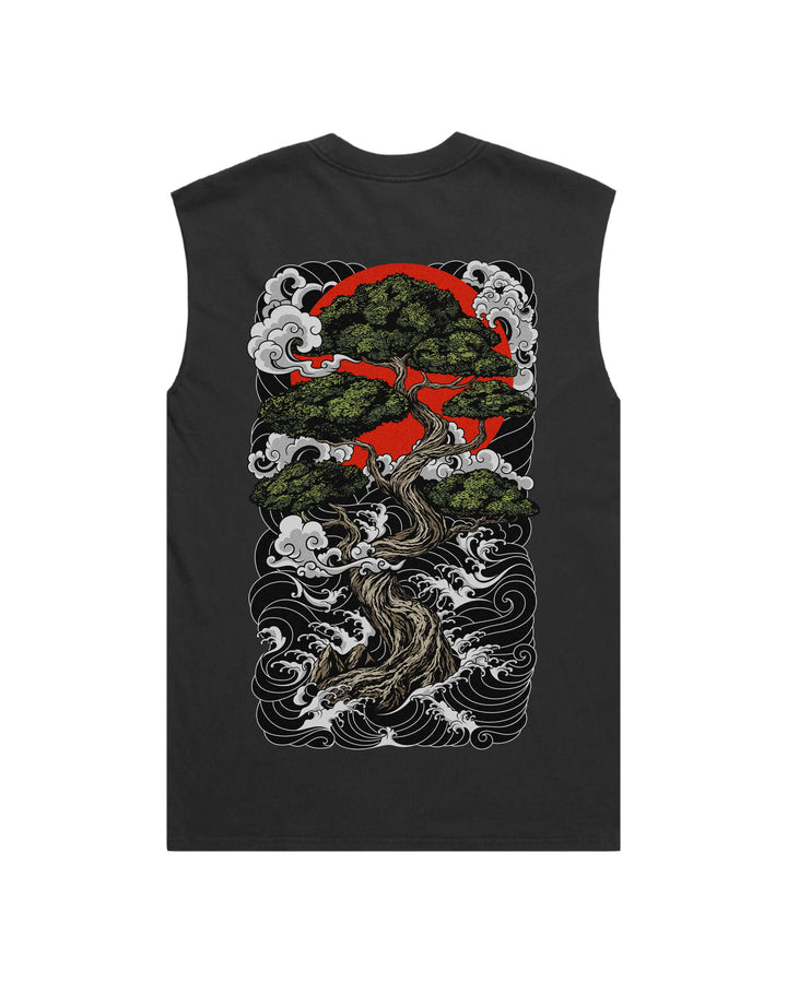 Faded black tank top with large irezumi bonsai tree print
