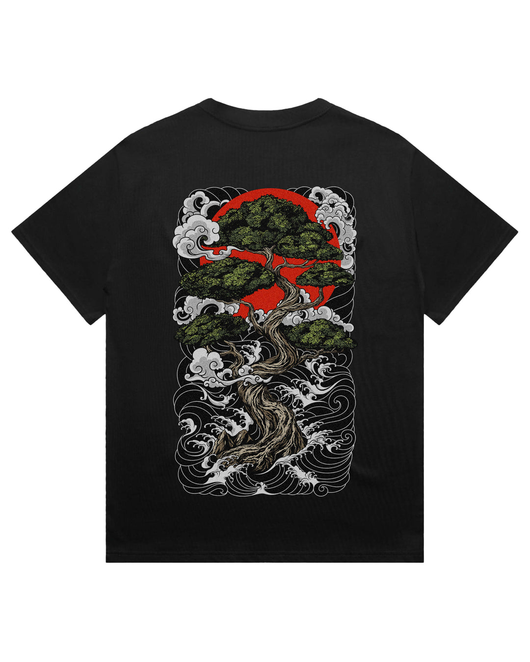 Oversized black t-shirt with original irezumi bonsai tree against red sun print