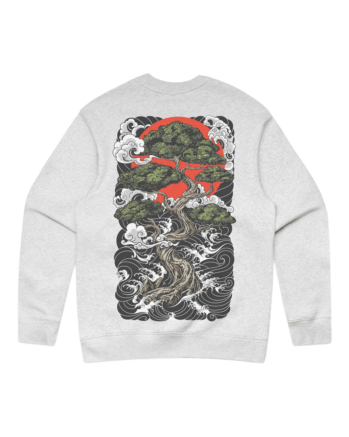 White heather graphic sweatshirt featuring original in-house bonsai tree artwork inspired by irezumi, Japanese tattoo composition and traditional illustration.