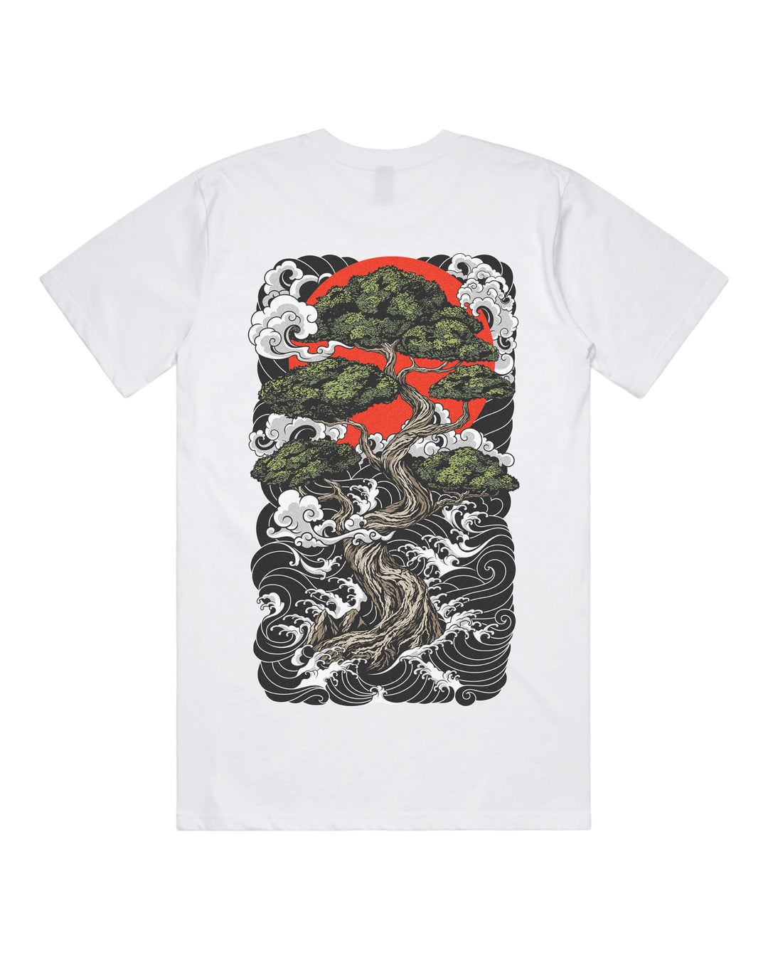 White graphic t-shirt with large irezumi inspired bonsai tree and red sun back print