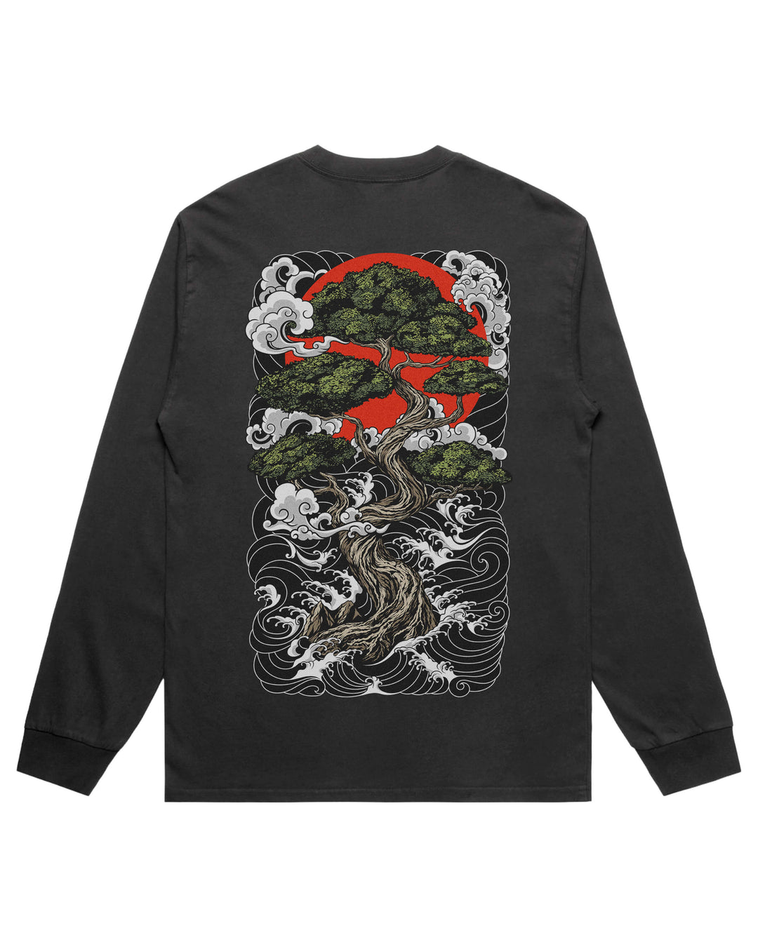 A black long-sleeve t-shirt shown from the back, featuring a large graphic print of a bonsai tree with green foliage, white waves, and a red sun.