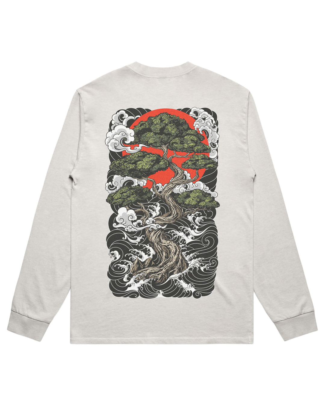 A light bone long-sleeve t-shirt shown from the back, featuring a large graphic print of a bonsai tree with green foliage, a red sun, and black and white waves.