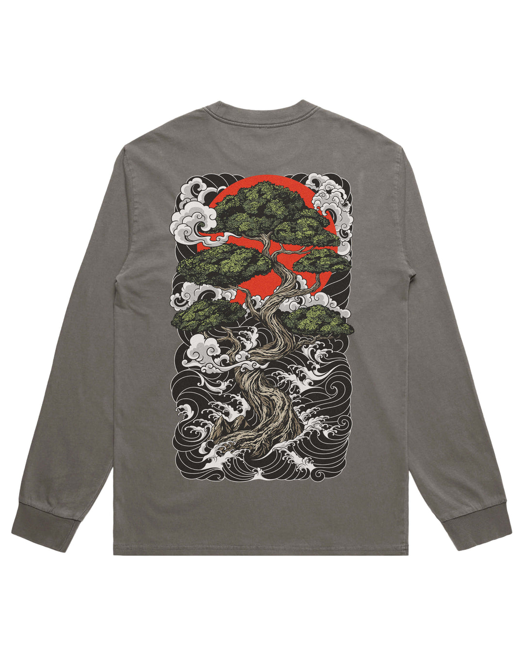 Back view of Long Sleeve Graphic Tee – Bonsai Tree in Faded Grey