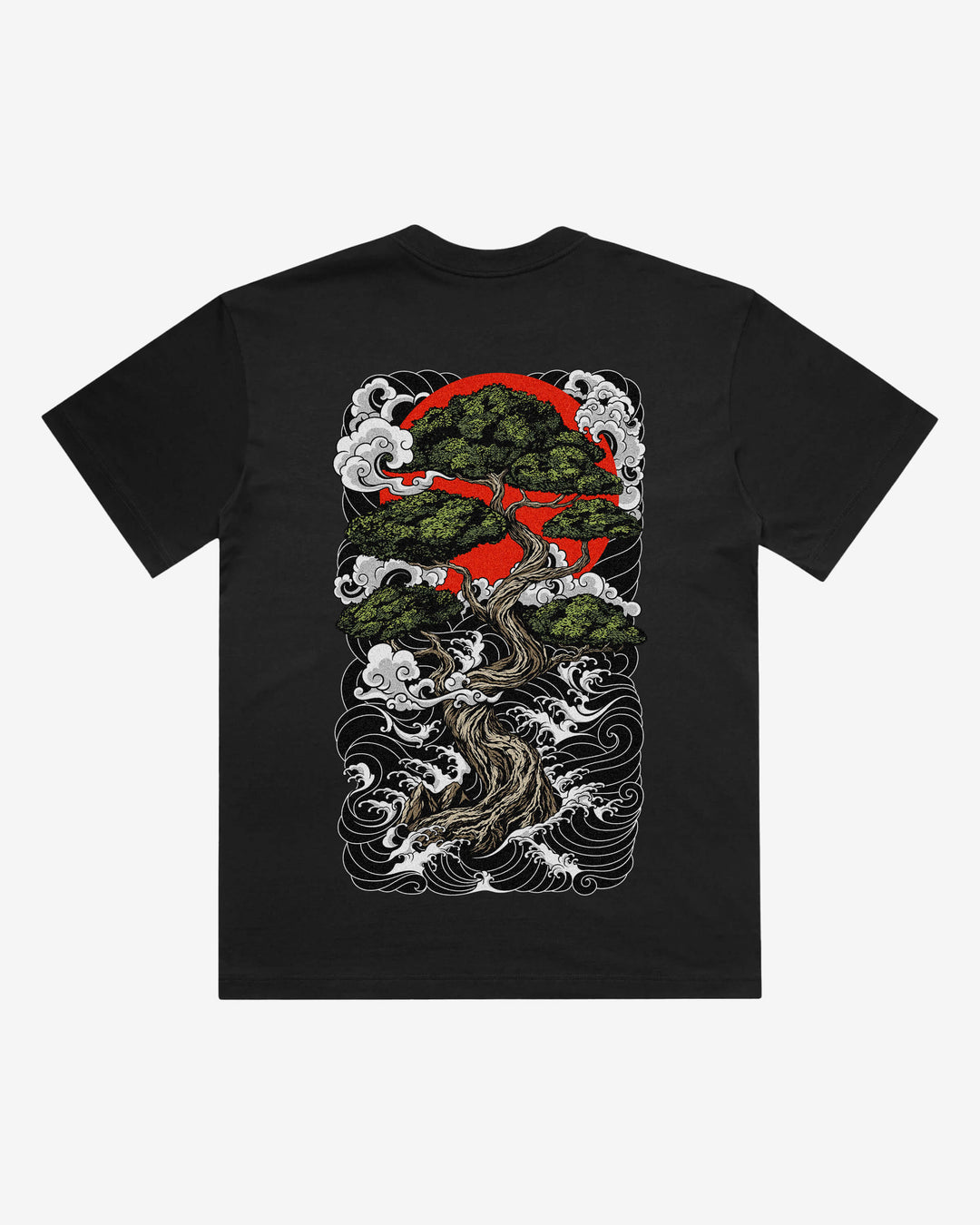 Bonsai Tree Japanese tattoo-inspired graphic back print on a black 240 GSM heavyweight boxy T-shirt