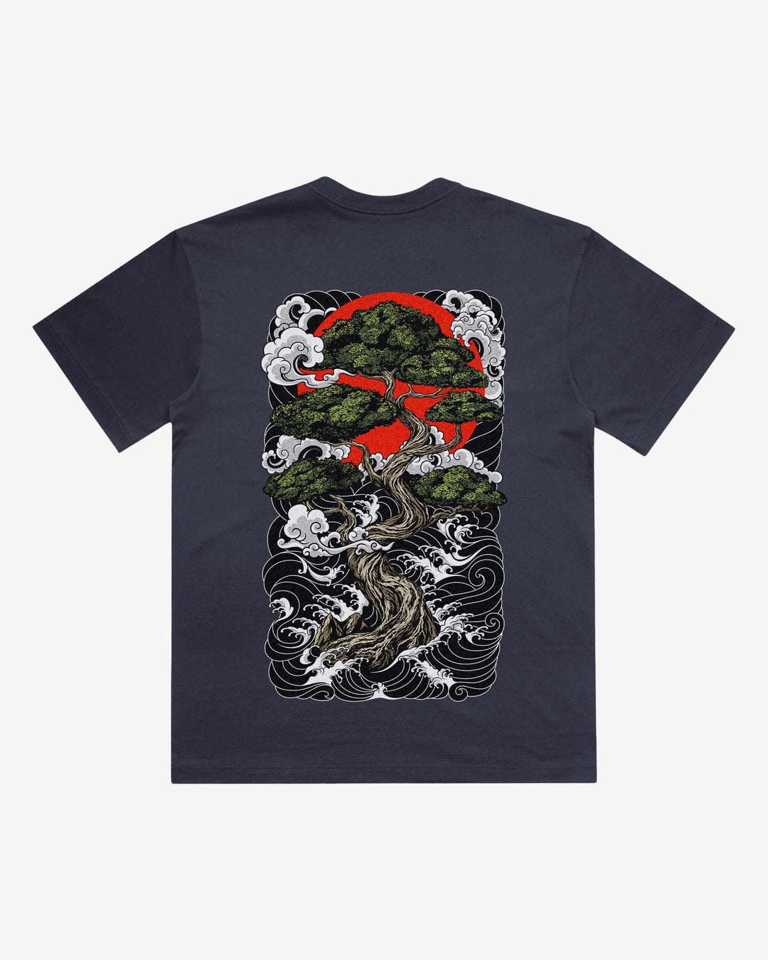 Bonsai Tree Japanese tattoo-inspired graphic back print on a ink blue 240 GSM heavyweight boxy T-shirt
