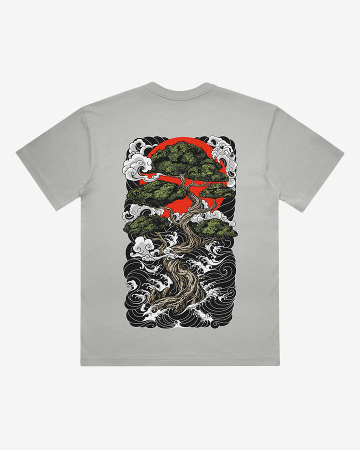Bonsai Tree Japanese tattoo-inspired graphic back print on a storm 240 GSM heavyweight boxy T-shirt