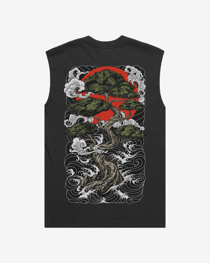 Japanese tattoo tank top with back print of bonsai tree