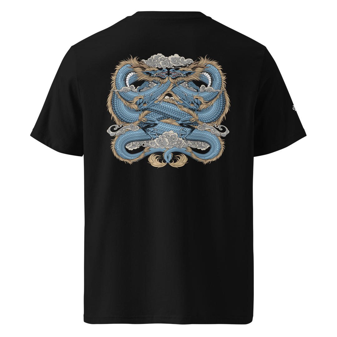 Black Boundless Unity Graphic Tee featuring a back print of two coiled dragons, inspired by Japanese Irezumi tattoo art